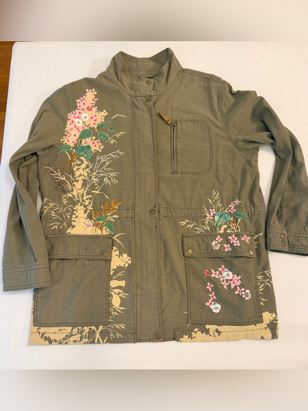 Anthropologie Olive Green Embroidered Beaded  Floral Utility Shacket Size XL - Picture 8 of 15